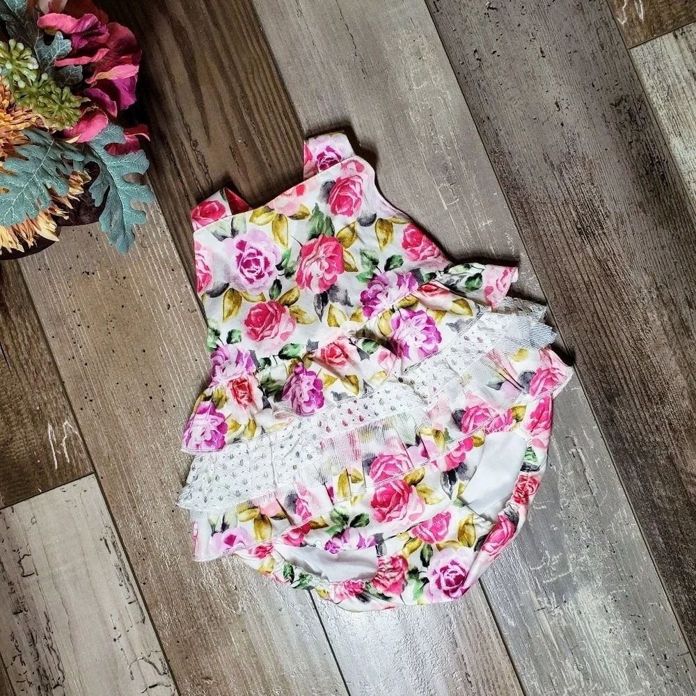 Rare Editions White, Pink, Purple Floral Lace Baby Bodysuit Bubble Romper NWOT